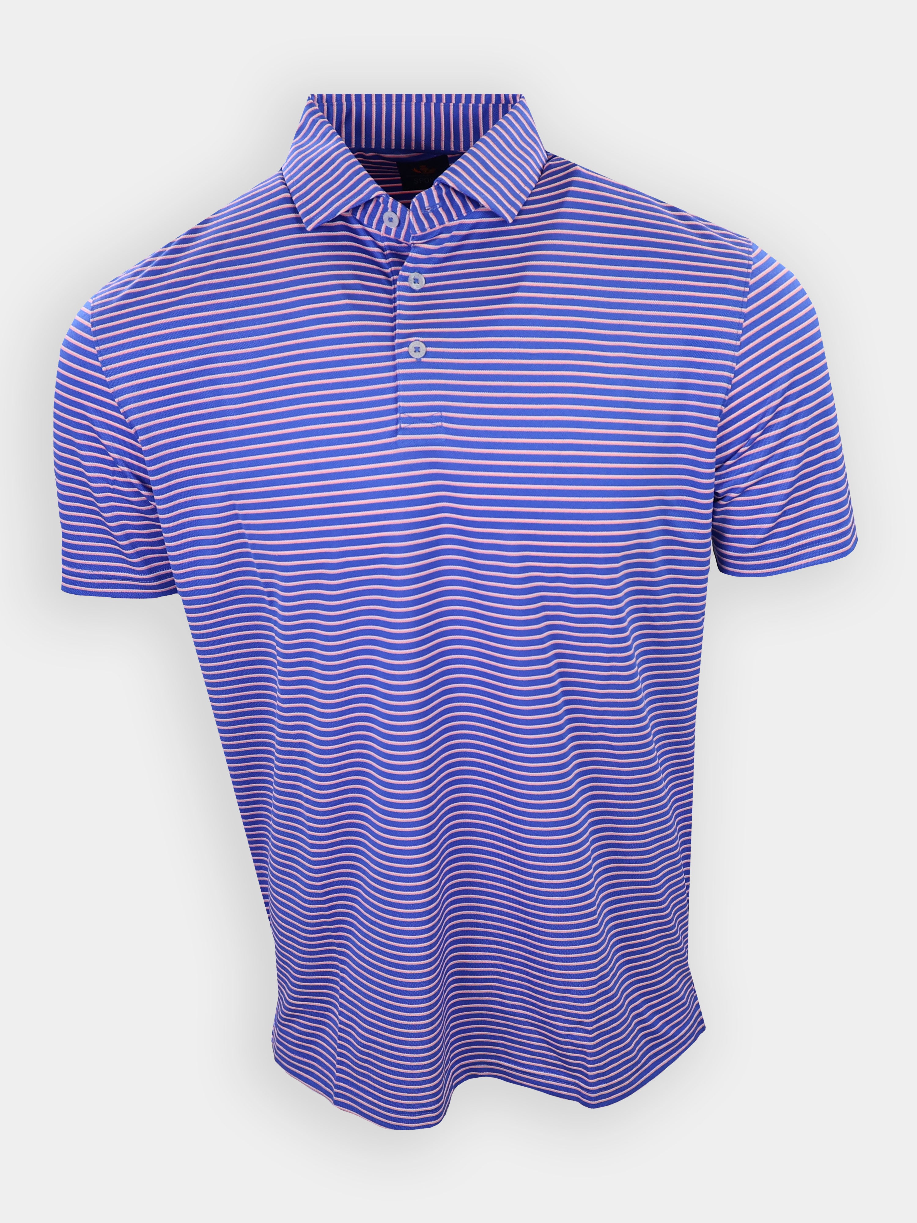 A purple and white striped polo shirt is displayed against a white background.