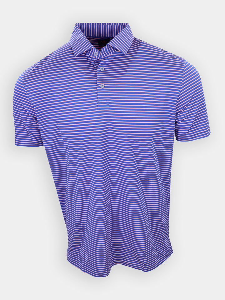 A purple and white striped polo shirt is displayed against a white background.
