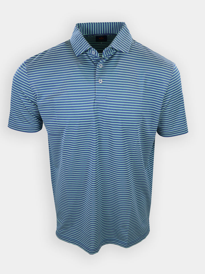 Short-sleeved polo shirt with a blue and light blue striped pattern displayed against a white background.