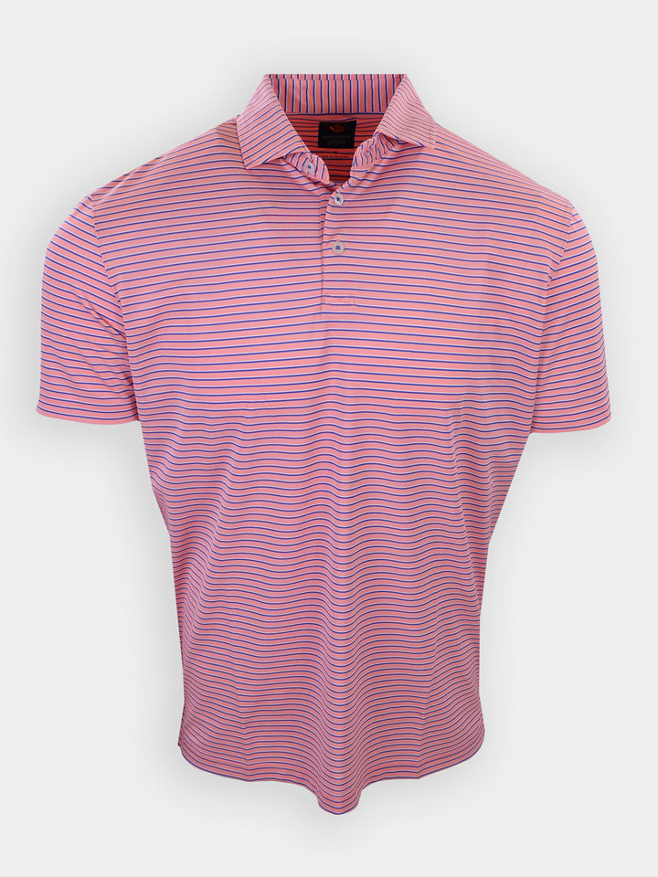 A pink and purple striped polo shirt is displayed on a plain background.