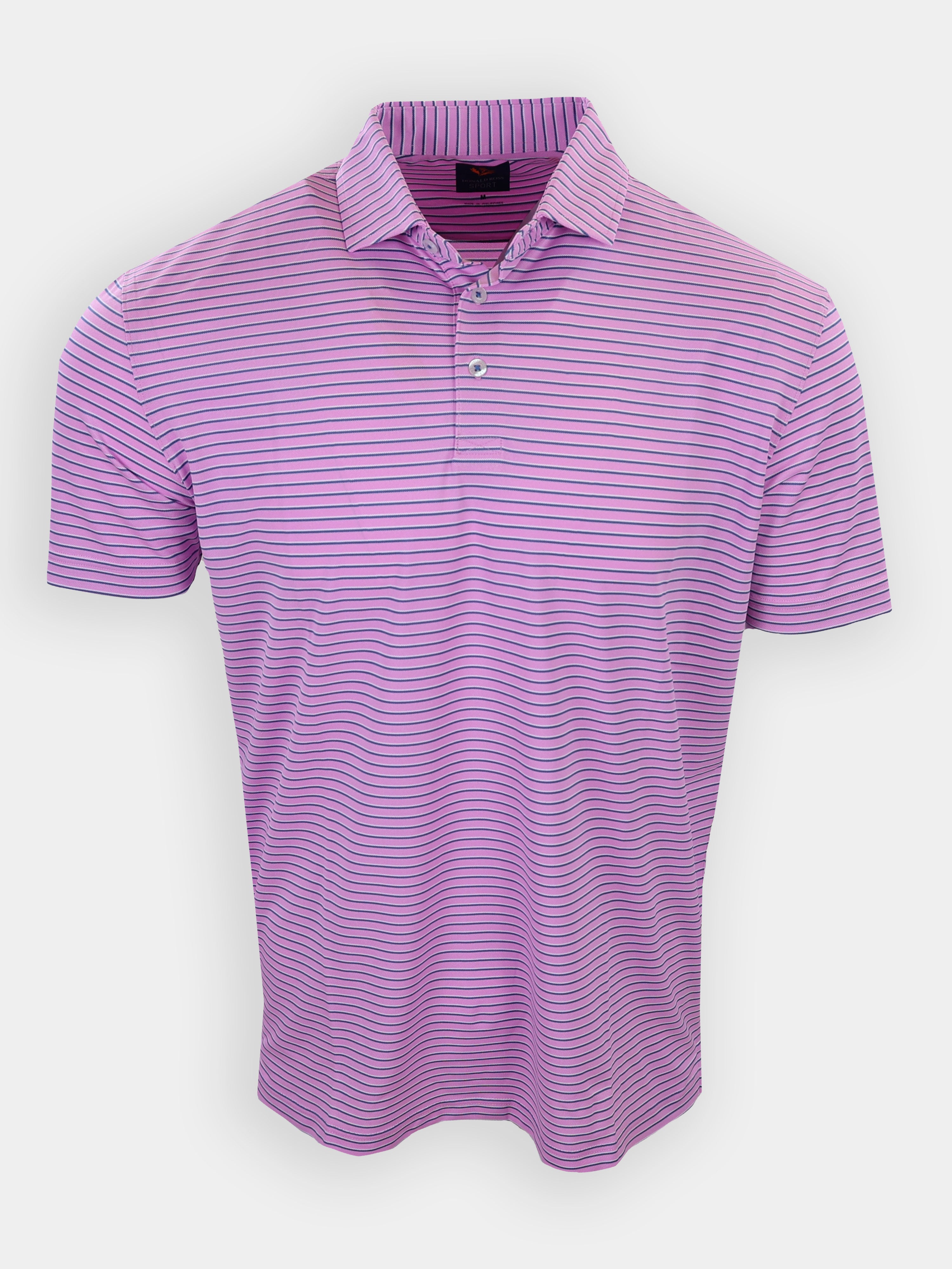 Purple striped polo shirt displayed against a white background.