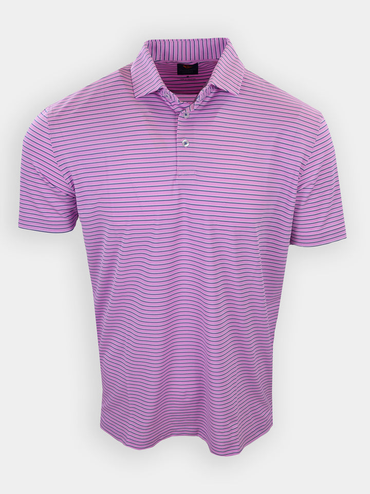 Purple striped polo shirt displayed against a white background.