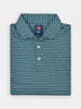 Folded navy blue and green golf polo shirt with shadow stripes. Features a classic collar, white buttons, and a Donald Ross Sport label