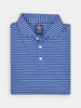 Folded blue and white shadow striped polo shirt with a collar and three buttons