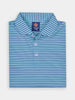 Folded light blue and navy shadow striped polo shirt with a buttoned collar