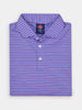 Folded blue polo shirt with pink and white horizontal stripes, featuring a collared design and three buttons