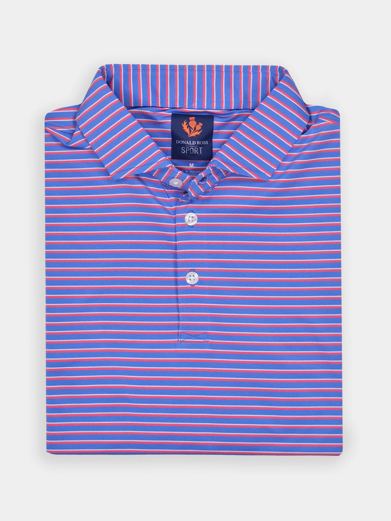Folded blue polo shirt with pink and white horizontal stripes, featuring a collared design and three buttons