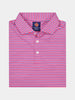 A folded, pink and blue shadow striped polo shirt with a buttoned collar