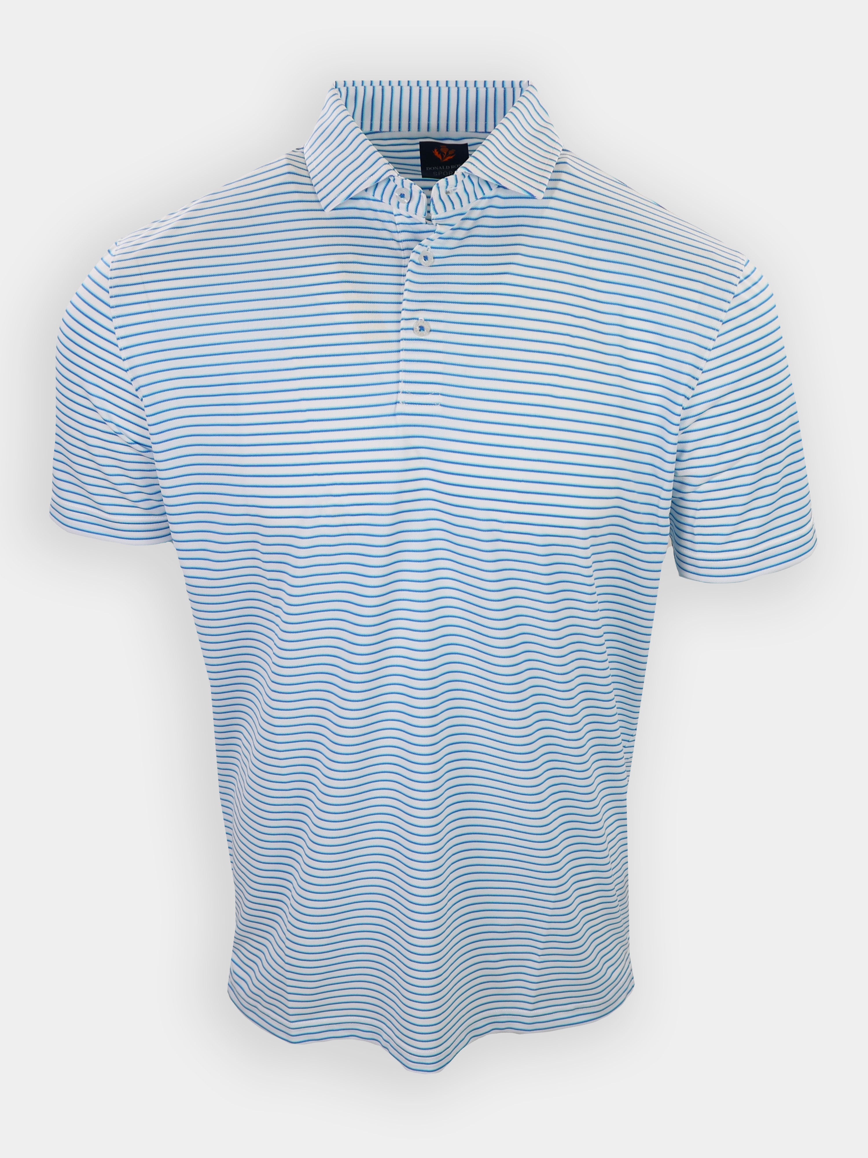 Striped short-sleeve polo shirt in light blue and white.