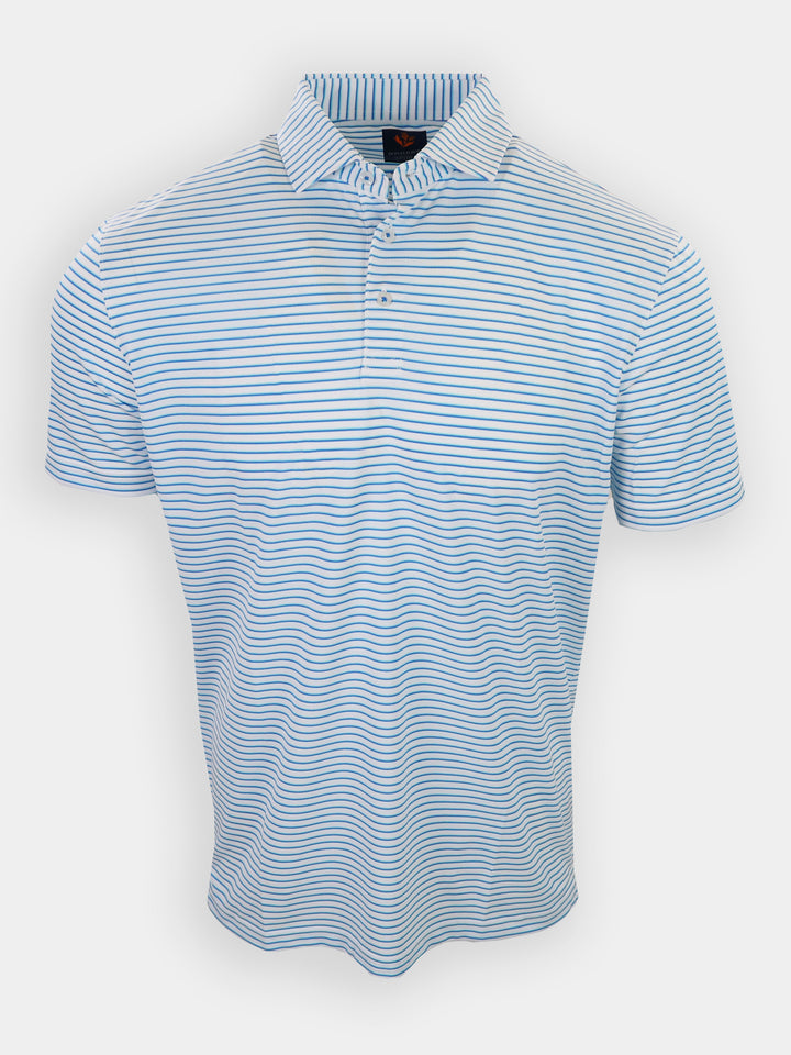Striped short-sleeve polo shirt in light blue and white.
