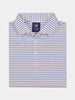 Folded striped polo shirt featuring blue, white, and yellow lines. It has a crisp collar and buttons