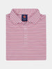 Folded polo shirt with red and gray horizontal stripes, a collar, and three buttons
