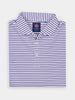 Folded purple polo shirt with purple and black stripes, featuring a pointed collar and button placket