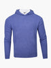 Blue heather hoodie sweater with white inner collar detail and ribbed cuffs.