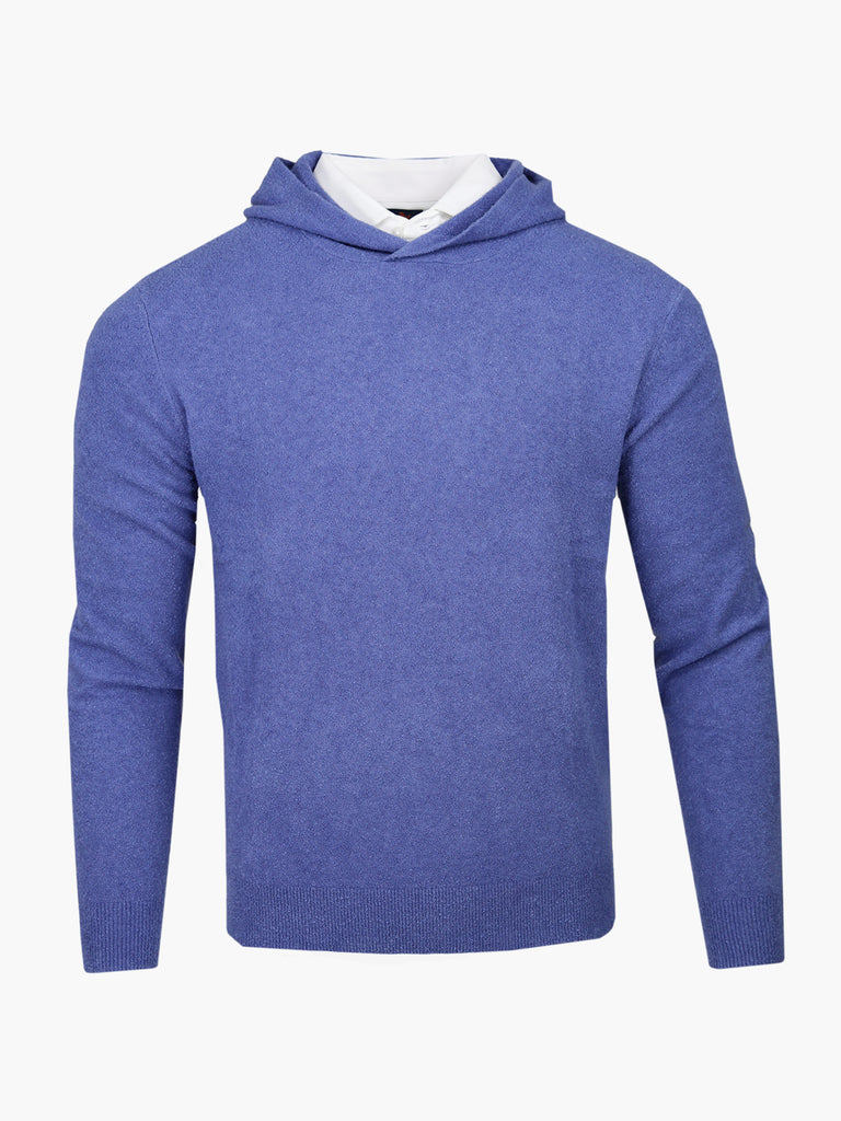 Blue heather hoodie sweater with white inner collar detail and ribbed cuffs.