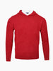 Red wool hooded sweater with white knit collar displayed on a plain background.