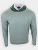 Light green, striped sweater with a hood and a white collar displayed against a plain background.