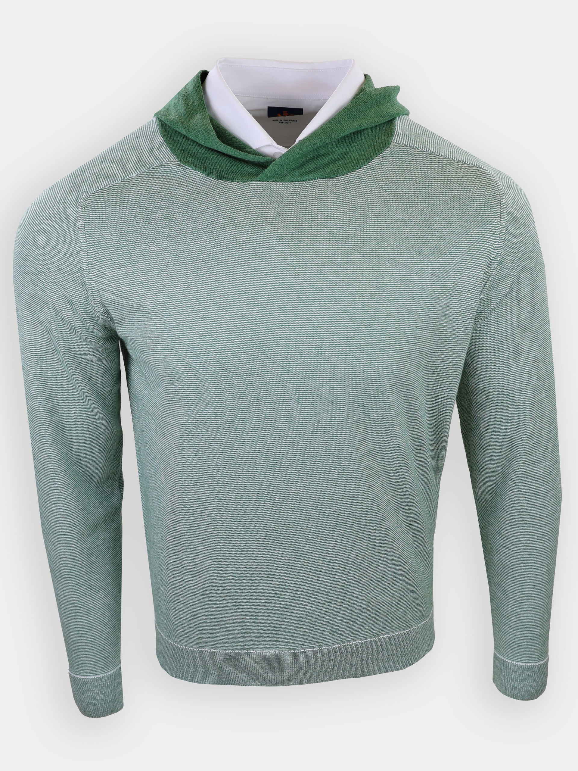 Light green, striped sweater with a hood and a white collar displayed against a plain background.