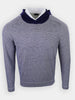 Gray and navy striped long-sleeve hoodie with a visible collar underneath.