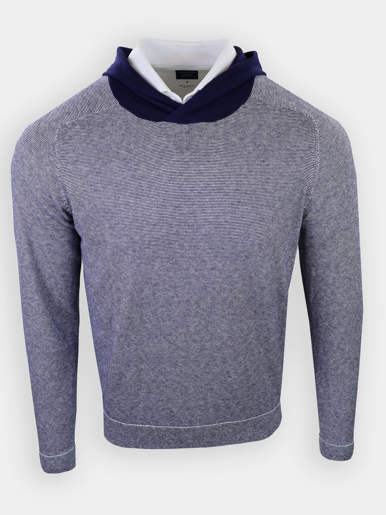 Gray and navy striped long-sleeve hoodie with a visible collar underneath.