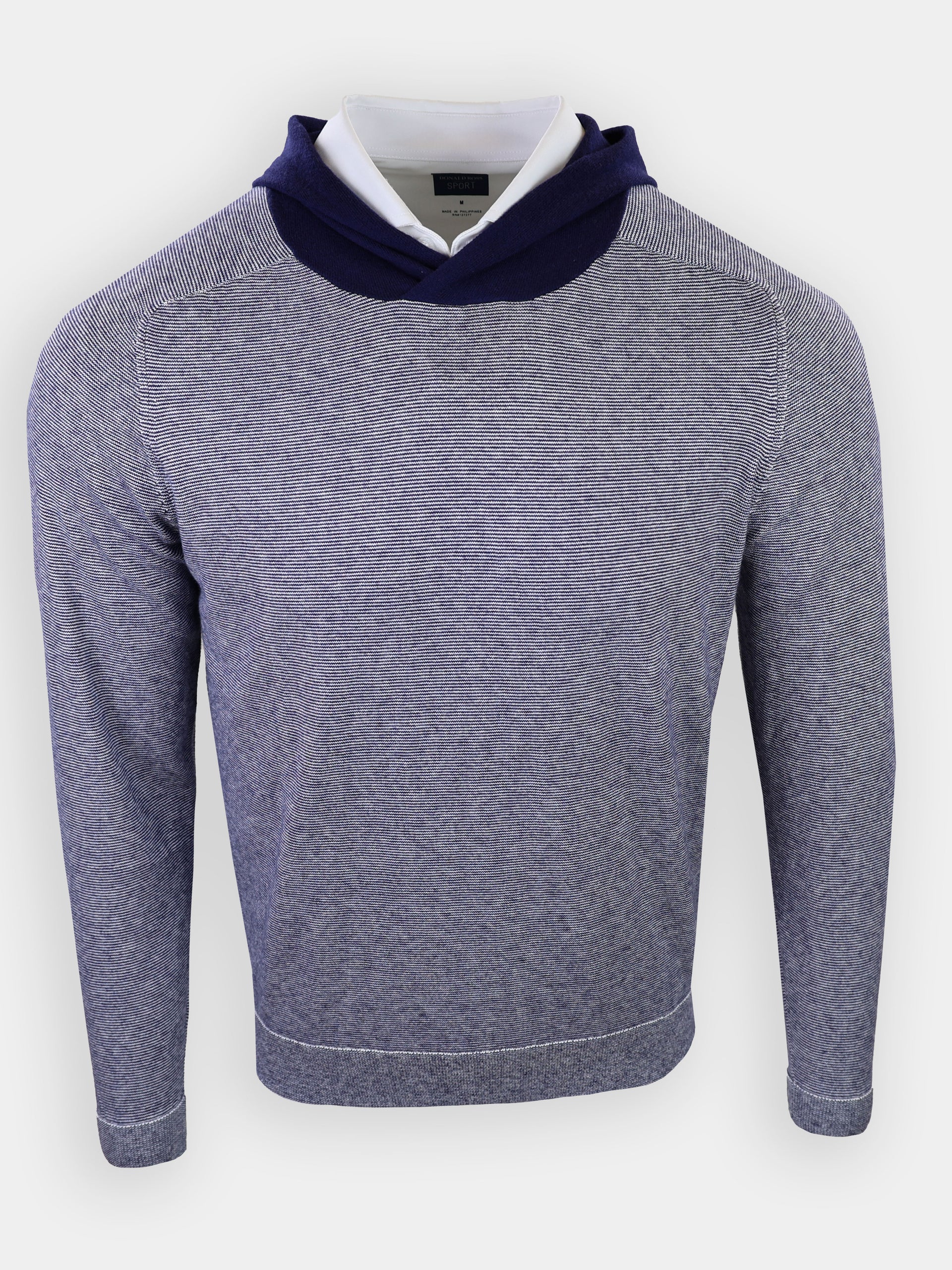Gray and navy striped long-sleeve hoodie with a visible collar underneath.