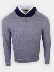 Gray and navy striped long-sleeve hoodie with a visible collar underneath.