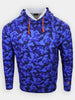 A blue and purple camouflage-patterned hoodie with orange drawstrings is displayed against a plain white background.