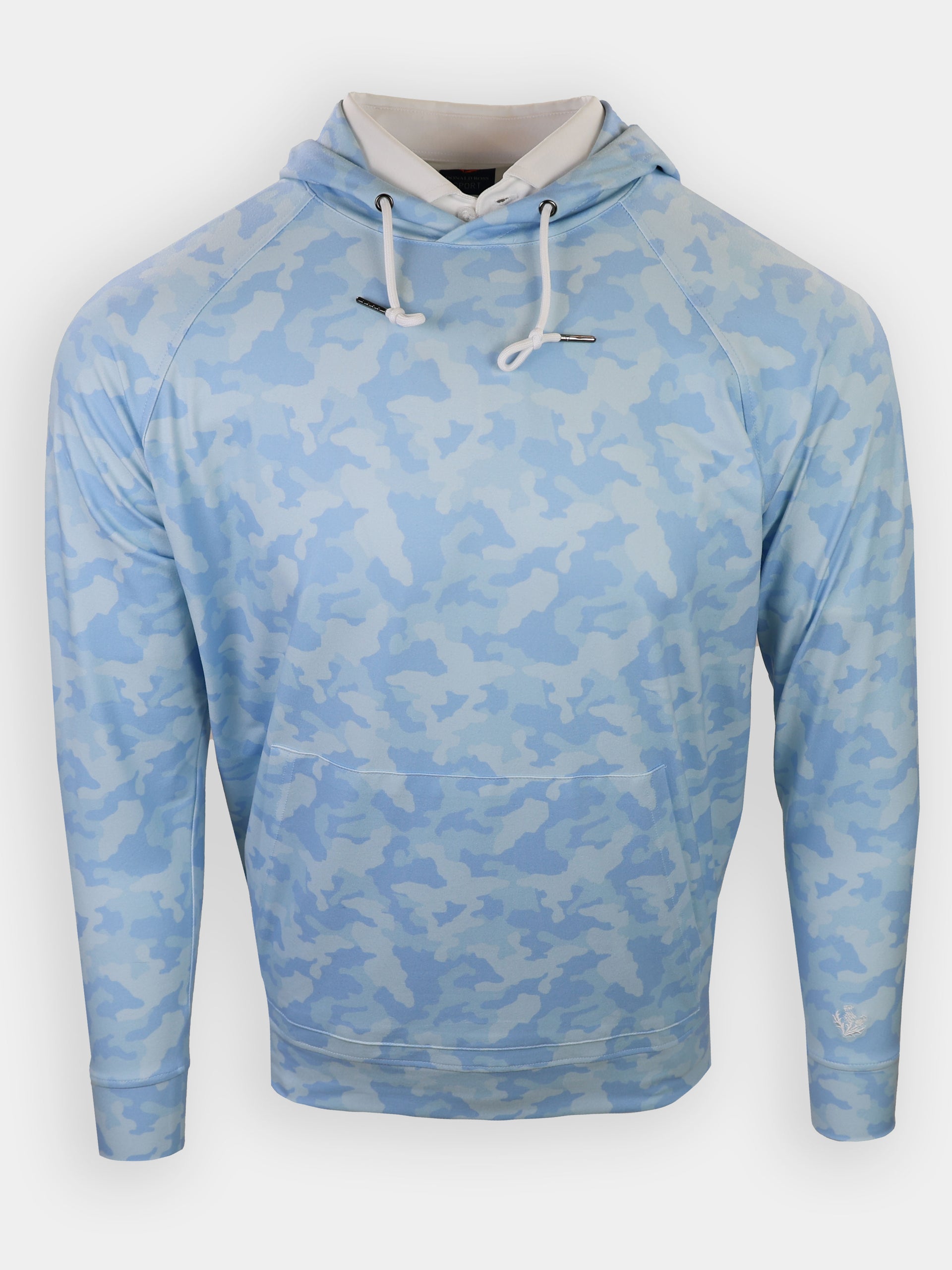 Light blue camouflaged hoodie with a front pocket and drawstrings displayed against a white background.
