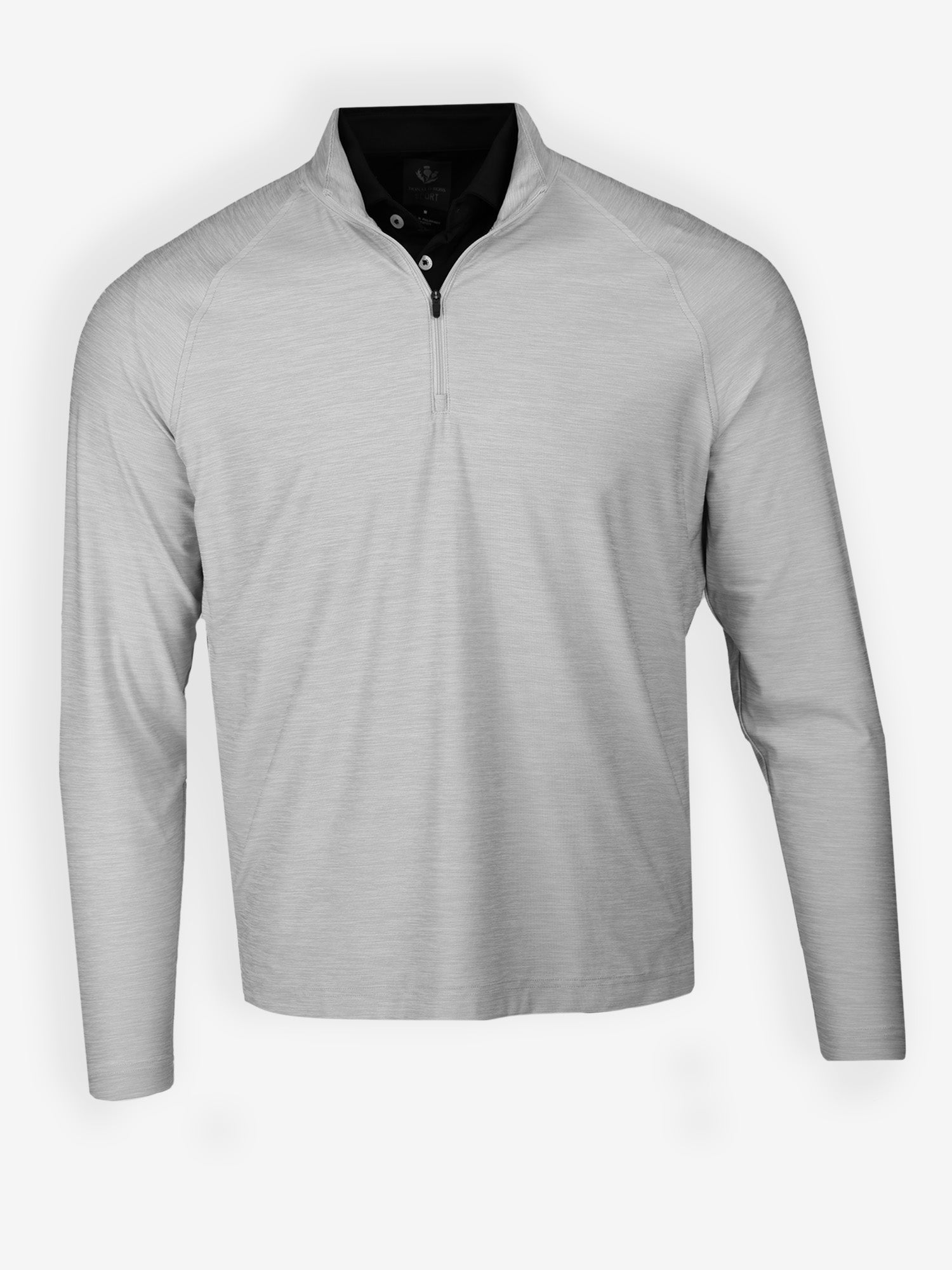 Gray long-sleeve pullover with a black inner collar and quarter zipper, set against a white background