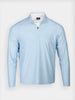 A light blue long-sleeve pullover with a quarter-zip over a white button down shirt. The zipper is black, adding contrast