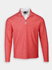 A red long-sleeve quarter-zip pullover with a subtle heathered pattern layered over a white collared shirt