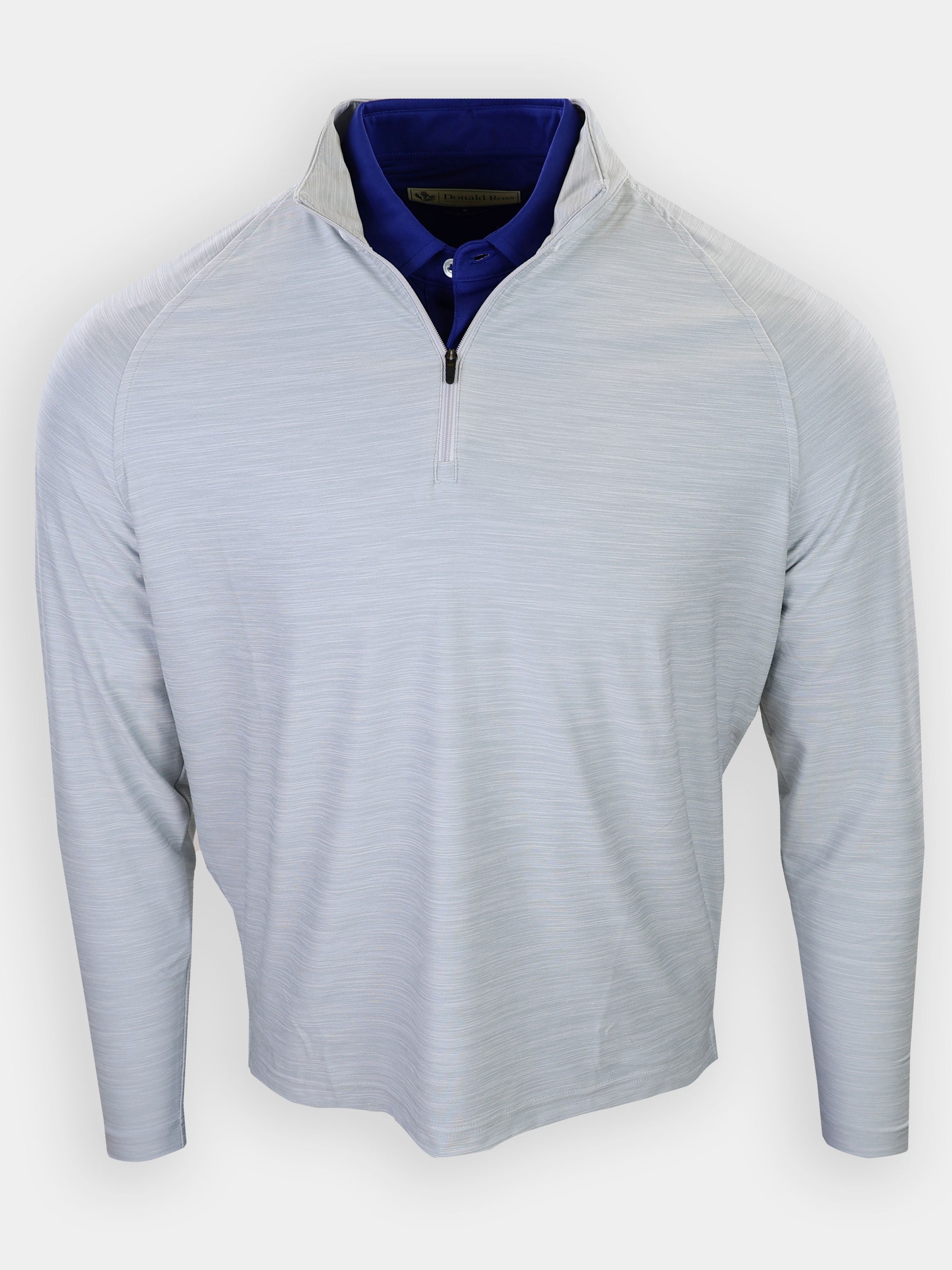 Long-sleeve, zippered pullover in light gray with a collar and blue inner layer.