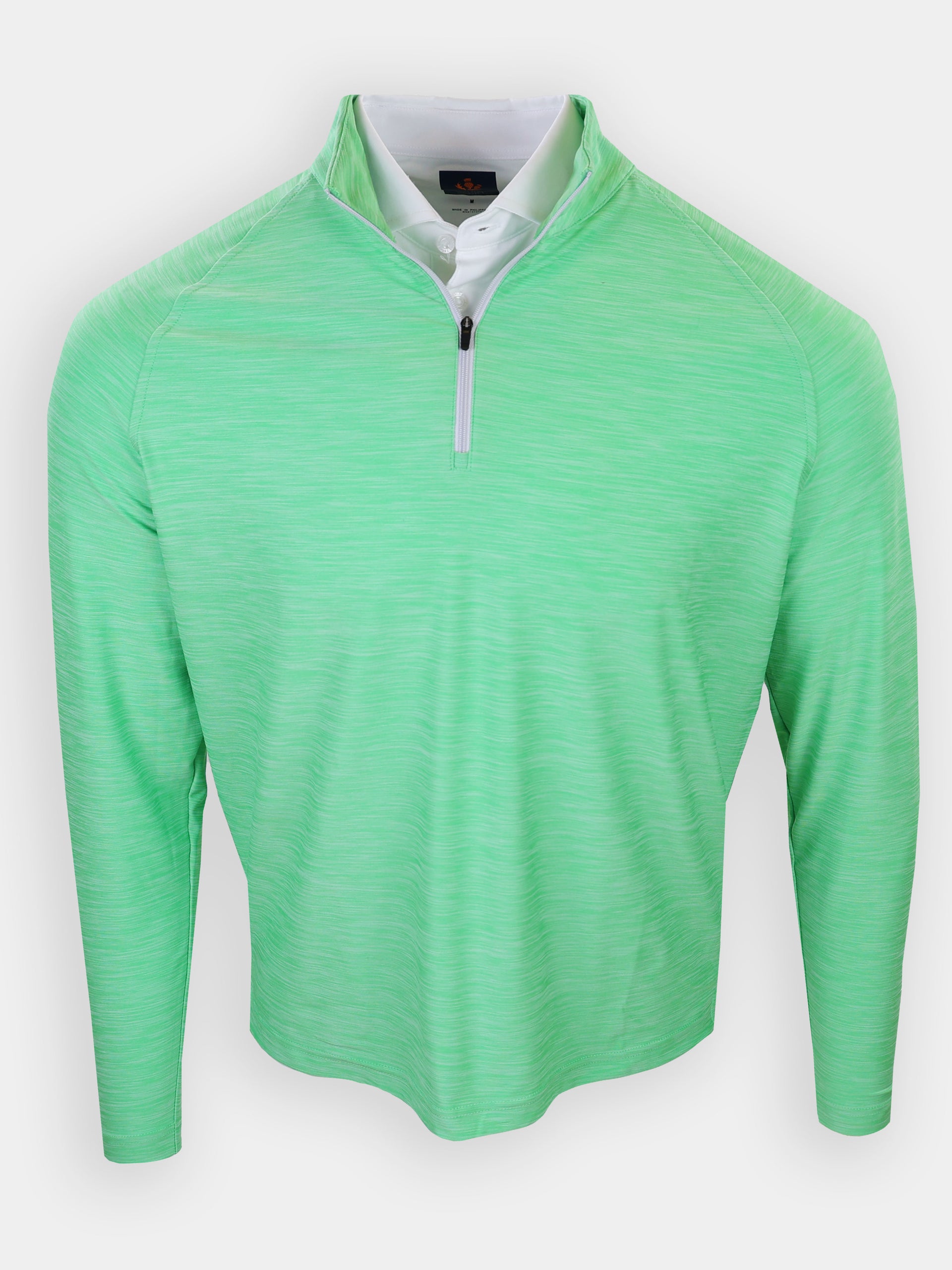 A green long-sleeve pullover with a half-zip collar is displayed against a white background.