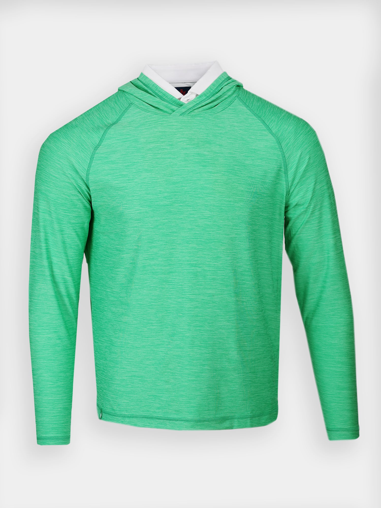 Green long-sleeve pullover hoodie made with performance fabric that has a subtle texture on a plain white background