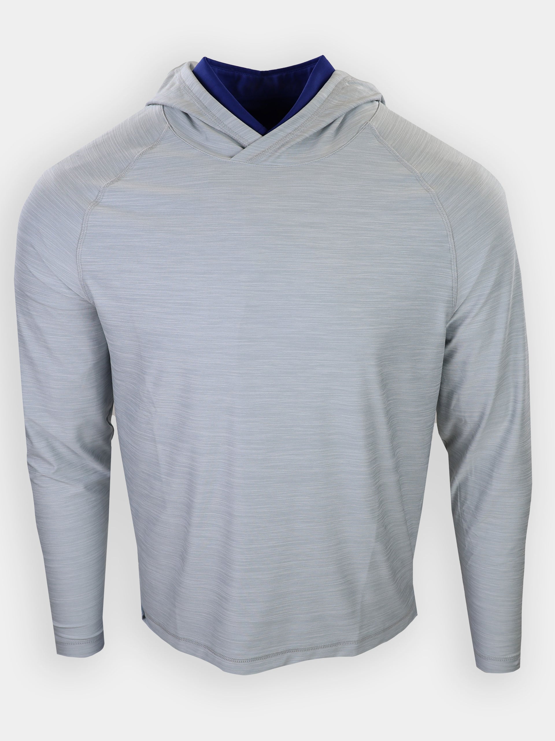 Long-sleeved, light gray hoodie with a deep blue inner lining.