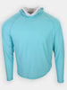 A light blue long-sleeve shirt with a hood is displayed on a mannequin.