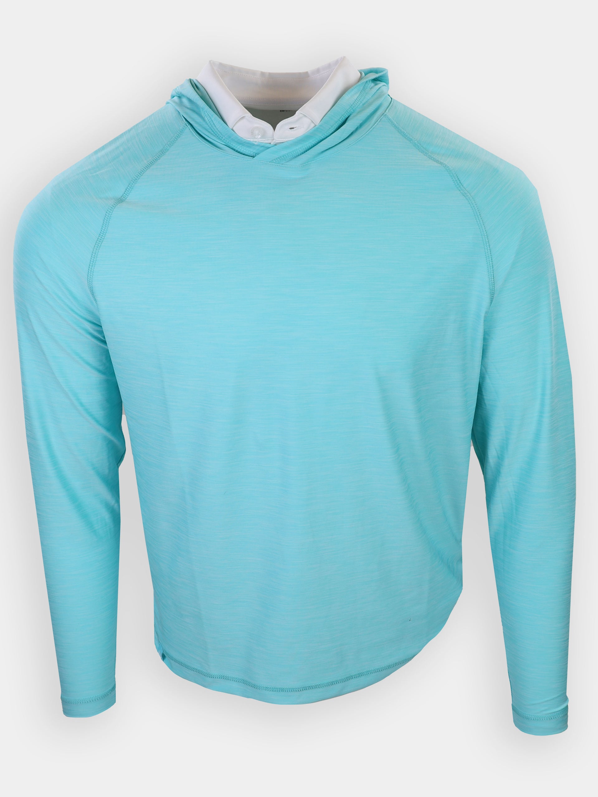 A light blue long-sleeve shirt with a hood is displayed on a mannequin.