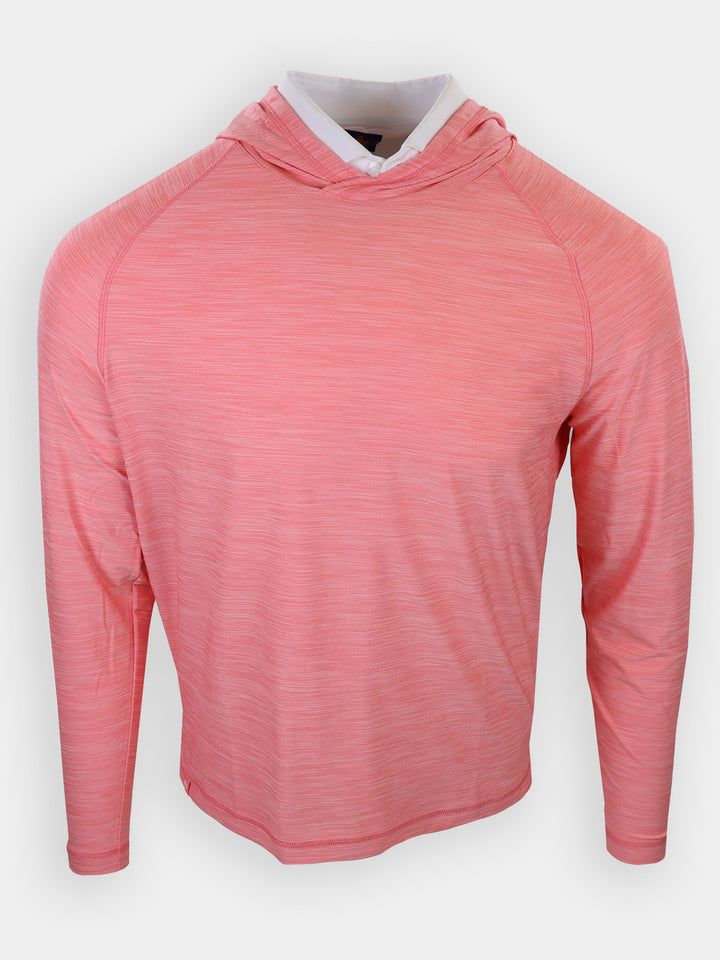 Long-sleeved pink hoodie with a white collar displayed against a plain background.