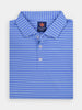 Folded blue polo shirt with white horizontal stripes, featuring a collar and three buttons
