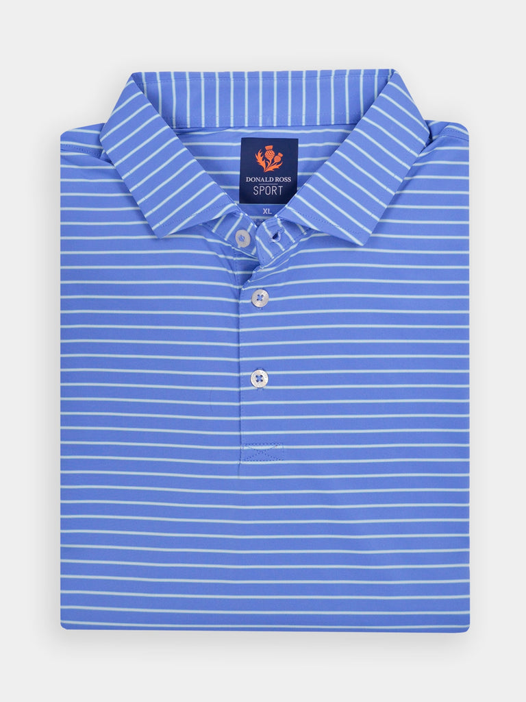 Folded blue polo shirt with white horizontal stripes, featuring a collar and three buttons