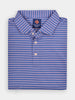 Folded blue golf polo shirt with thin pink stripes, featuring a collar and three buttons