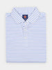 Folded blue and white striped polo shirt with three buttons and a folded collar