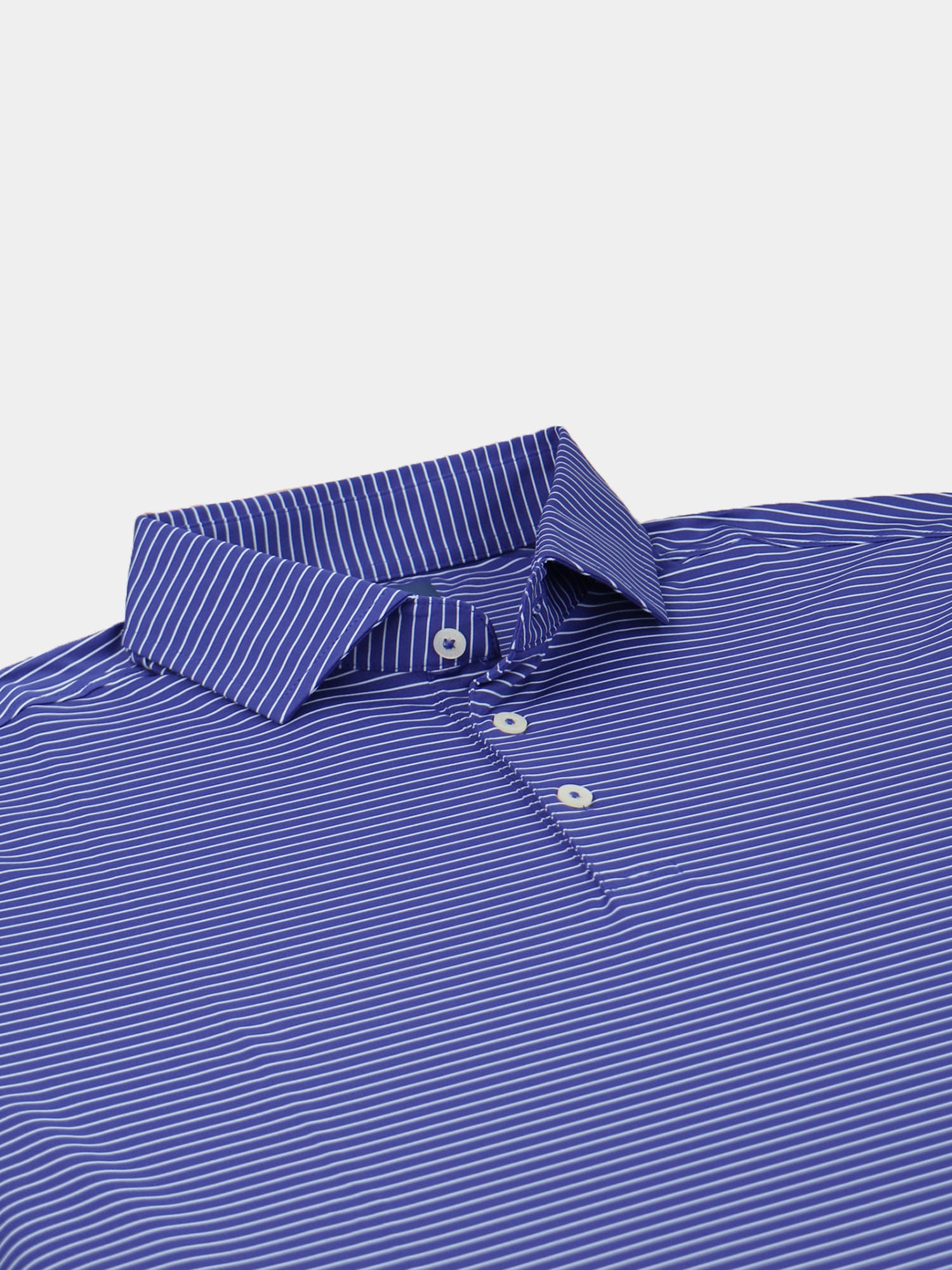 Blue collared polo shirt with white pinstripes, neatly buttoned with three buttons visible