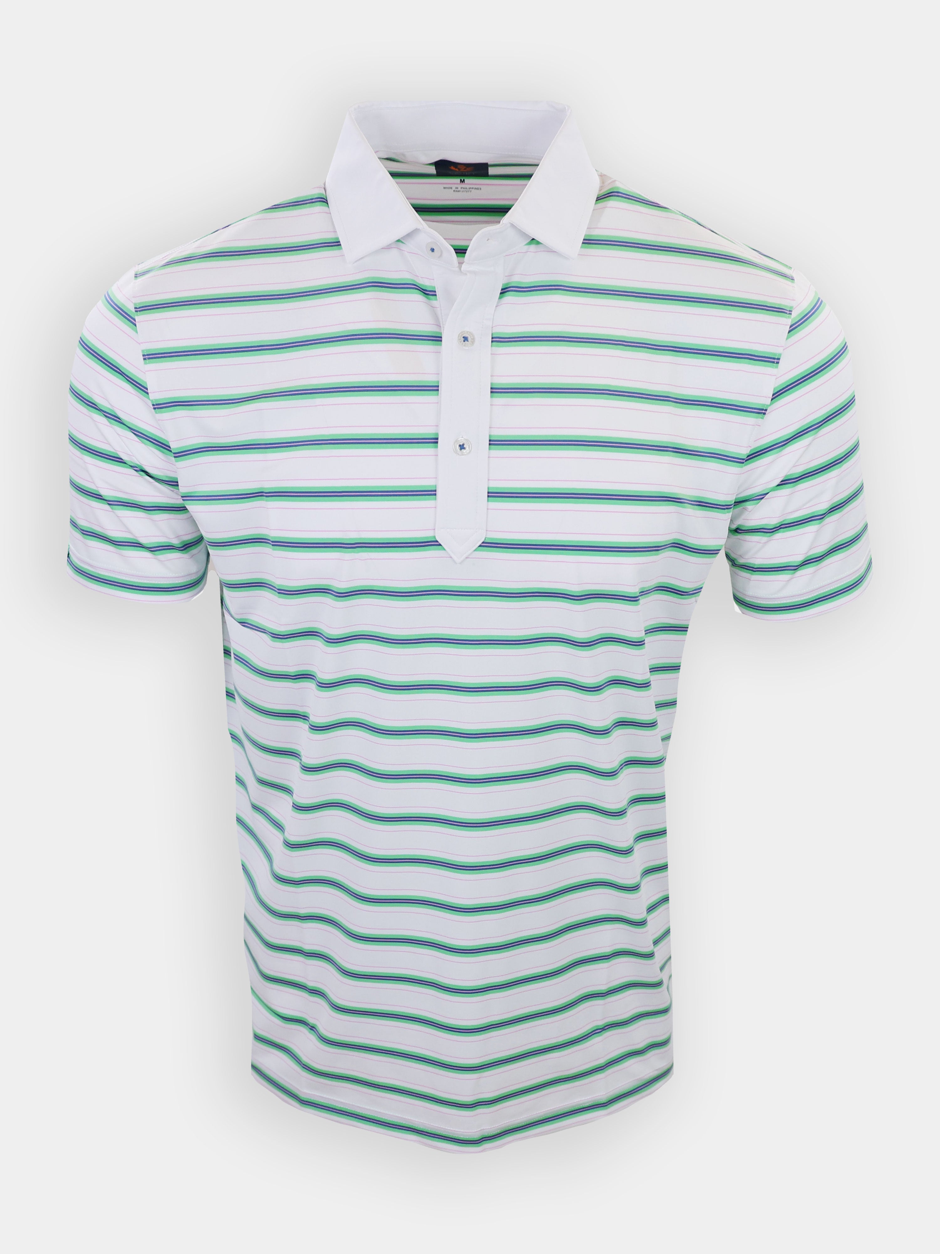 Striped polo shirt with a white collar, featuring horizontal green and purple stripes against a white background.