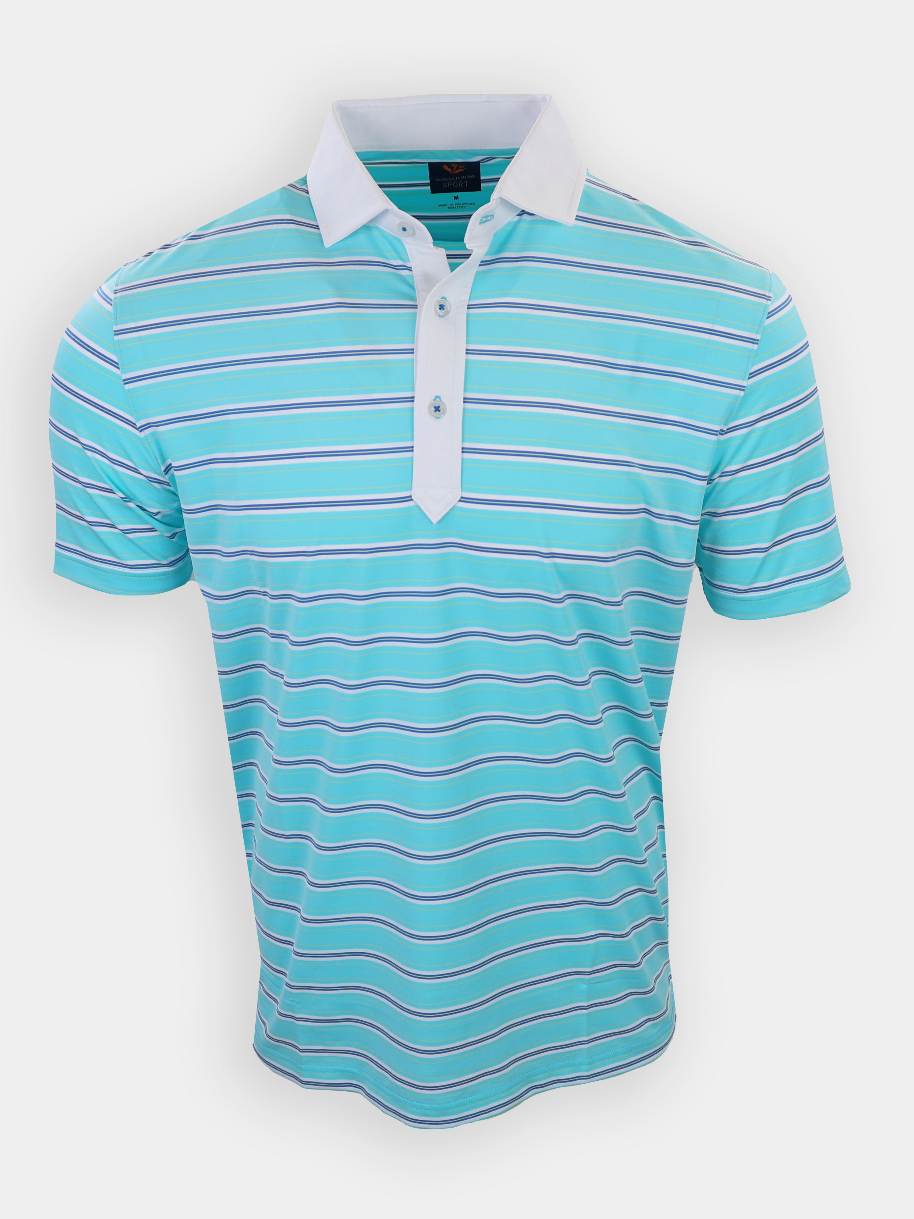 A turquoise and white striped polo shirt with a three-button placket and short sleeves is displayed against a white background.