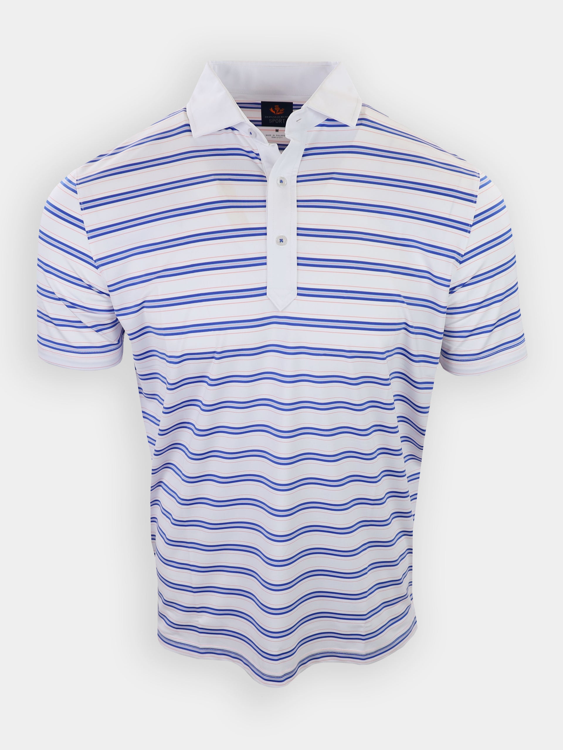 Men's white polo shirt with horizontal blue stripes and a two-button placket.