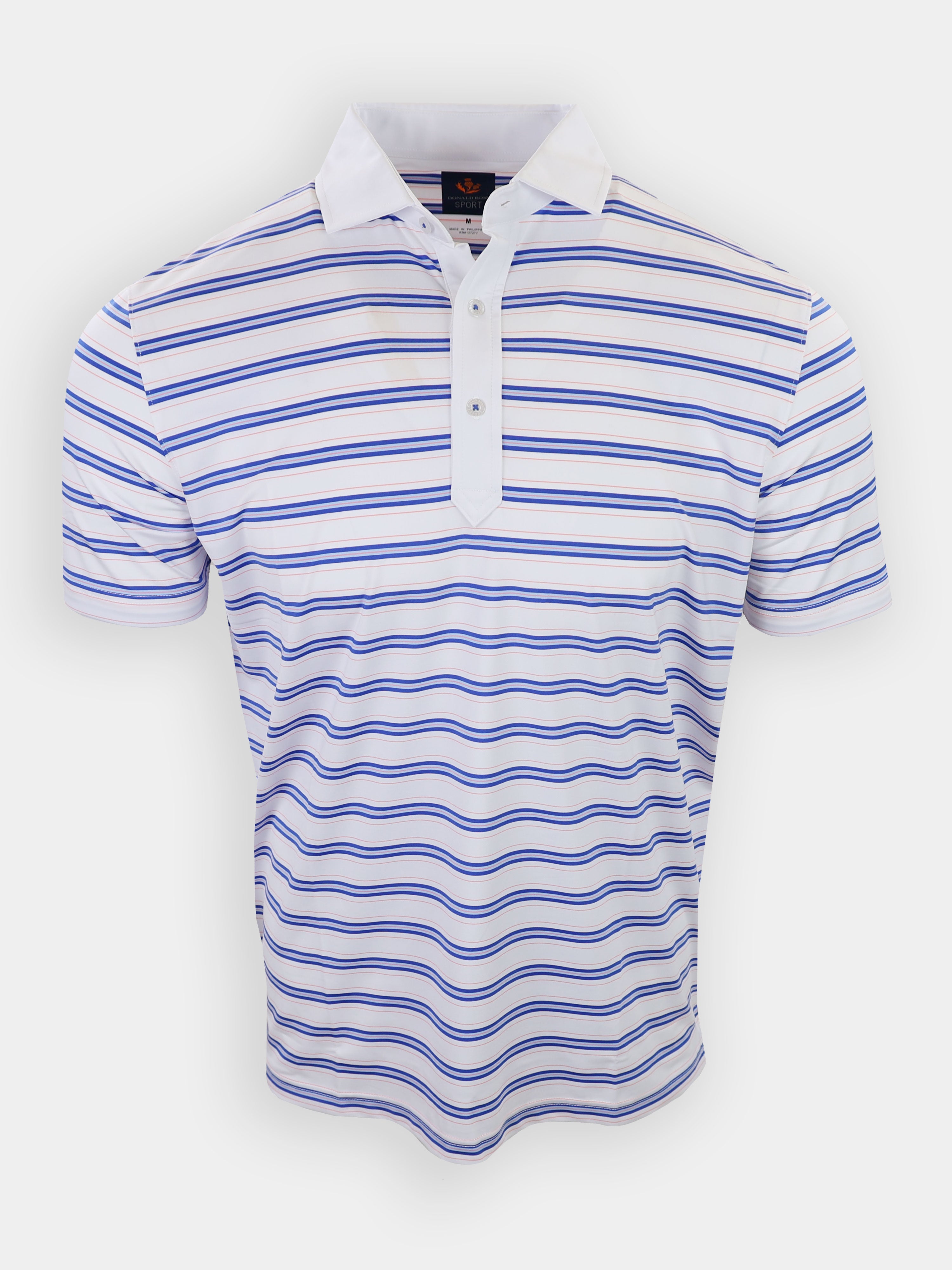 Men's white polo shirt with horizontal blue stripes and a two-button placket.