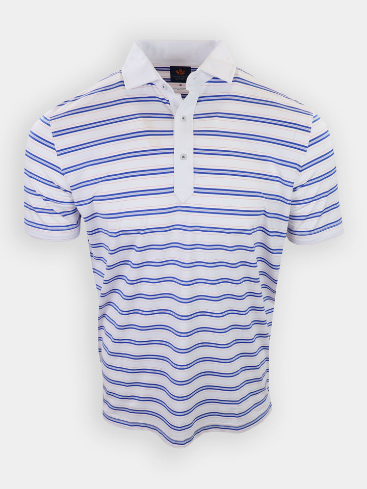 Men's white polo shirt with horizontal blue stripes and a two-button placket.