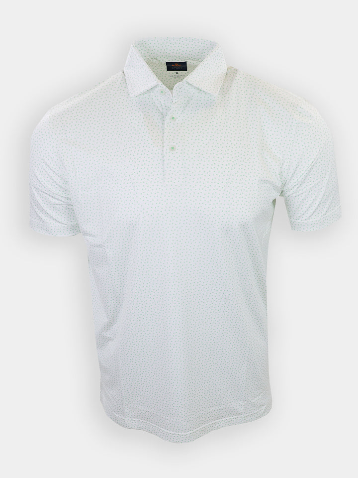 Short-sleeved white polo shirt with a subtle dotted pattern displayed against a plain background.