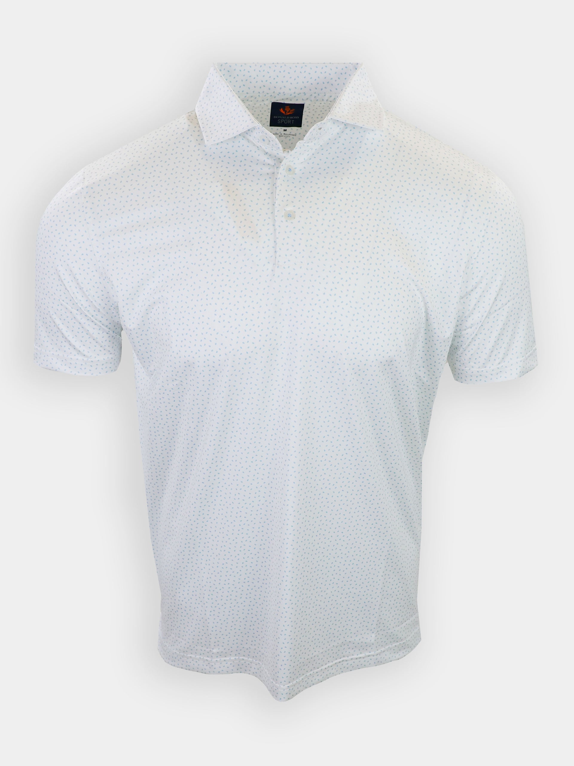 A white short-sleeve polo shirt with a subtle patterned design is displayed against a plain background.